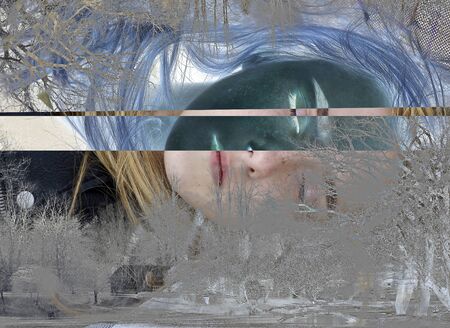 Portrait of a blonde girl with freckles on her face that lies on the ground with her eyes closed. Along the edges of the photograph is a house with trees and a pond. Double exposure. Sleep compositionの写真素材