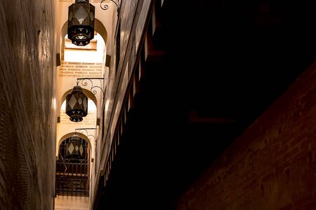 Moroccan antique lamps in a squire shop. Fes, Morocco
