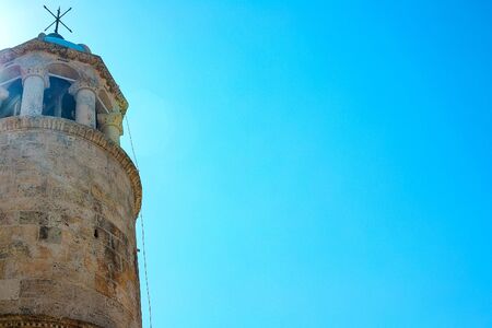 Amazing view of the church with a blue bath on the island of the Virgin on a reef in the Bay of...