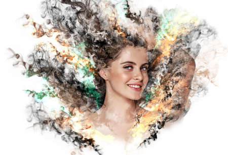 Portrait of a young brunette woman with an illustration of smoke
