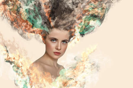 Portrait of a young brunette woman with an illustration of smoke