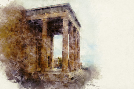Temple Erechtheion with the famous porch of the caryatids instead of columns in the Acropolisの写真素材