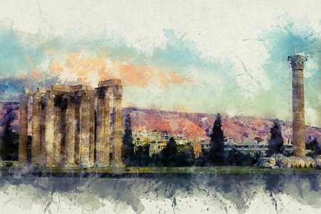 Watercolor illustration Temple of Olympian Zeus in Athens, Greece.の写真素材