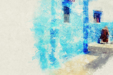 Chefchaouen, a city with blue painted houses. A city with narrow, beautiful, blue streets.の写真素材
