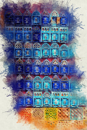 Souvenirs and gifts on the streets of Chefchaouen. Beautiful magnets on the streets of Morocco. Morocco, Chefchaouenのeditorial素材