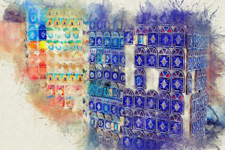 Souvenirs and gifts on the streets of Chefchaouen. Beautiful magnets on the streets of Morocco. Morocco, Chefchaouenのeditorial素材