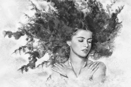 Portrait of a young brunette woman with an illustration of smoke