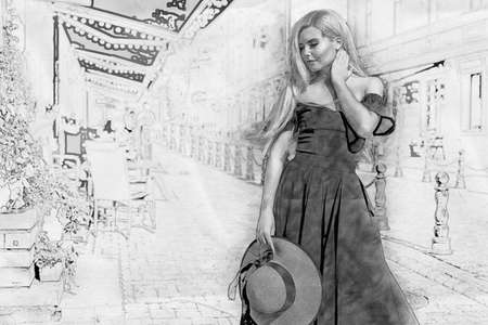 Portrait of a graceful woman in an elegant straw hat and dress sitting at a table in a cafe.の写真素材