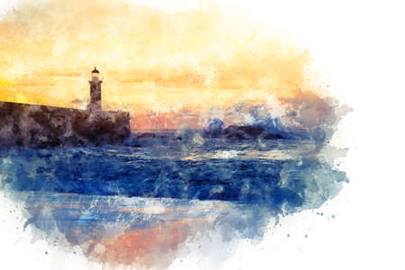 Watercolor drawing, illustration. Felgueiras Lighthouse on shore of Atlantic ocean in Porto, Portugal at sunsetの写真素材