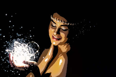 Illustration. Portrait of a young brunette woman holding a glowing ball of LED lights.