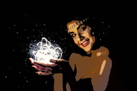 Illustration. Portrait of a young brunette woman holding a glowing ball of LED lights.の写真素材