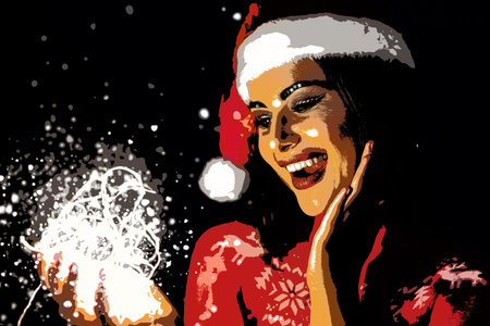 Illustration. A beautiful brunette woman, wearing a Santa Claus hat, stands smiling on a blue background in the studioの写真素材