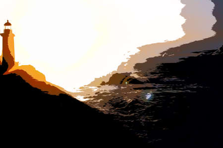 Illustration. Felgueiras Lighthouse on shore of Atlantic ocean in Porto, Portugal at sunsetの写真素材