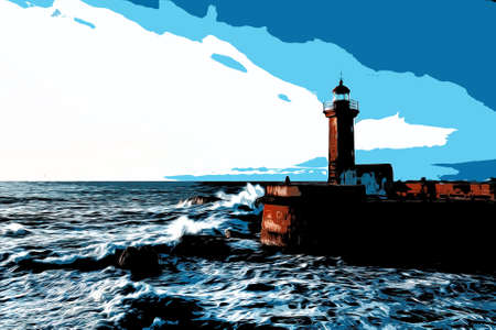 Illustration Seascape. The waves of the Atlantic Ocean crash against the rocks at sunset by the lighthouse. Lisbon, Portugalの写真素材