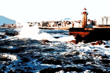 Illustration Seascape. The waves of the Atlantic Ocean crash against the rocks at sunset by the lighthouse. Lisbon, Portugalの写真素材