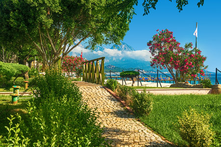 View of the path and the bridge in a green garden with green trees along the embankment in Kemer, Turkey.の写真素材