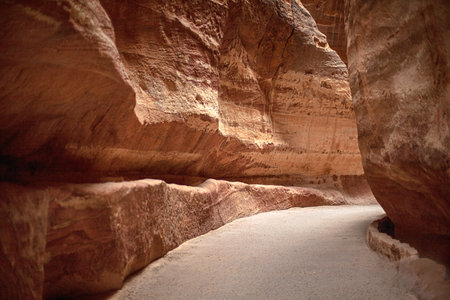 View of the canyon and the high, winding, mountain walls of the canyon. Petra, Jordanの写真素材