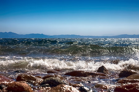 View of the Red Sea shore, pebble beach and kami close-up. Leisure concentration. Egypt, Dahabの写真素材