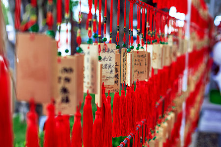 Wooden signs with Chinese characters and dragon designs, decorated with bright red tasselsの写真素材