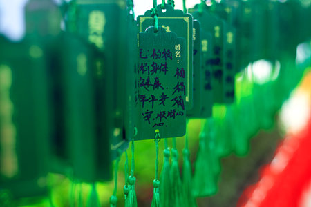 Wooden plaques with Chinese characters and dragon images, decorated with bright green tassels