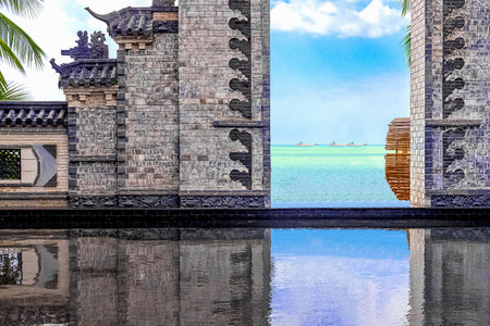 View of the main gate in the park. Taoist Park Heavenly Grottoes. Hainan, Chinaの写真素材