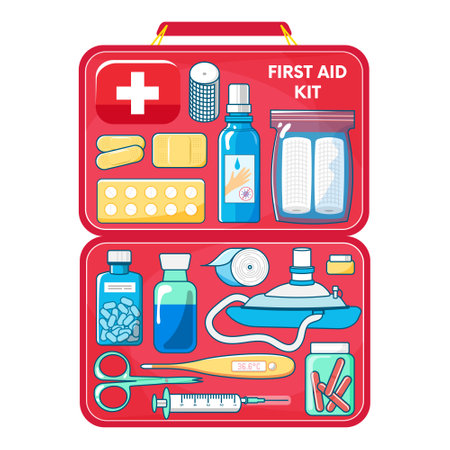 First aid kit illustration with medicaments and tools. Thermometer, pills, cure, pocket breathing mask and others.のイラスト素材