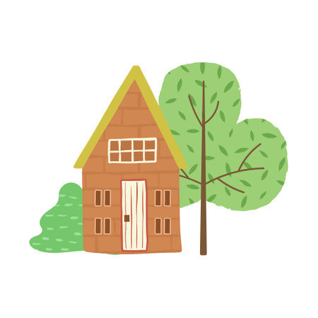 Cute cartoon country house. Hand drawn doodle spot illustration. Simple rustic landscape with trees. Flat vector illustration, isolated on white.のイラスト素材