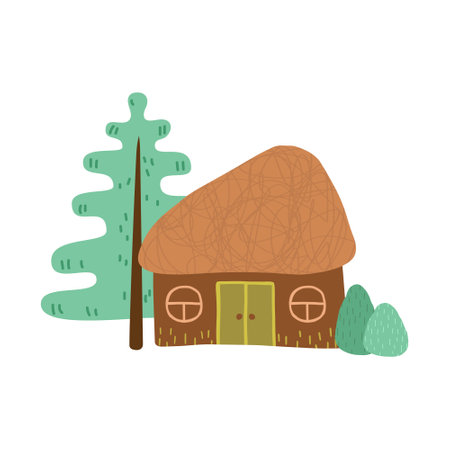 Cute cartoon country house. Hand drawn doodle spot illustration. Simple rustic landscape with trees. Flat vector illustration, isolated on white.のイラスト素材