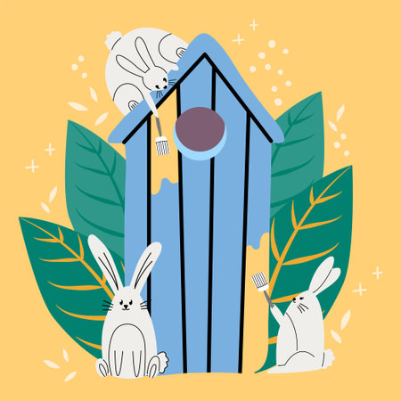Easter composition with rabbits. Vector colorful illustration in hand drawn style.のイラスト素材