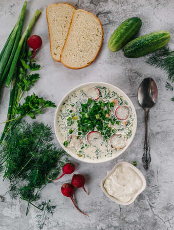 Traditional Russian summer cold soup okroshka with kefir in bowl on light background. Top view.の写真素材