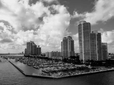 Miami Beach downtown coast port zone from the desk of the cruise ship starting journey, Florida, black and white vintage styleの写真素材