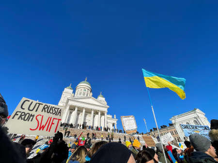 Helsinki, Finland - 02.26.2022: Demonstration against the war in Ukraineのeditorial素材