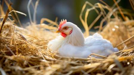 White chicken in the hay. Eco farm with chickens. Broiler chickens. Generative AIの素材