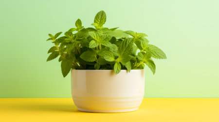 Green fresh mint in a pot. Mint grows in a pot. Greens in a white pot in a store. Mint leaves on a yellow background. Generative AIの素材