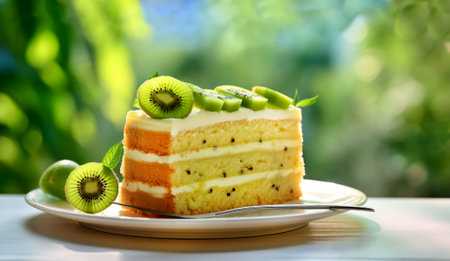 Piece of fruit cake. Cake with kiwi on a green background. Biscuit cake close-up. Generative AIの素材