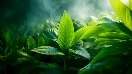Green large tropical leaves. Tropical forest in the morning. Fog in the forest. Environmental protection. Group background of dark green tropical leaves.の素材