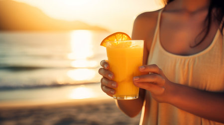 Orange juice on the beach. Fruit juice in the hands of a girl. Glass of fresh orange juice. Cocktail on the background of the blue sea. Vacation, holiday, summer, fun concept. Generative AIの素材