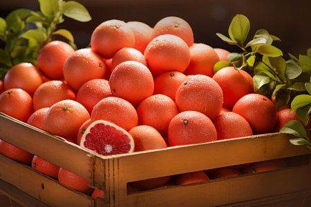 Grapefruit harvest. basket with fresh grapefruits. Large ripe grapefruits. Grapefruit in a wooden box. Grapefruit juiceの素材
