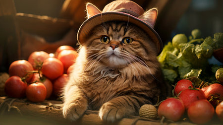 Beautiful fluffy cat in a hat. Close-up portrait of a gray cat outdoors. Persian cat in a hat. Cat and vegetablesの素材