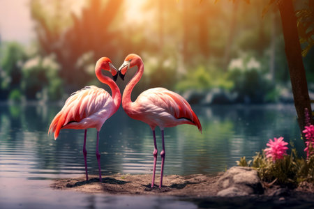 Two pink flamingos. A flamingo walks on water. Pink flamingo near the lake. Tropical wildlife background with birdsの素材