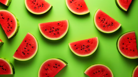 Green background with watermelons. Slices of red watermelons. Background with pieces of watermelons close-upの素材