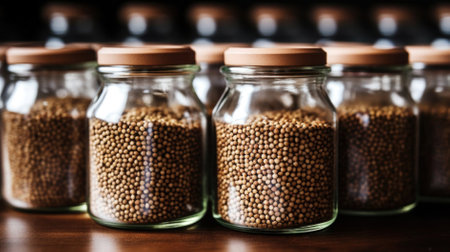 Coriander in a transparent jar. Brown beans in a jar. Small round brown seeds. Coriander close-upの素材