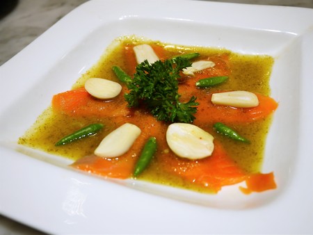 Spicy Salmon salad with Thai herbs in special sauceの写真素材