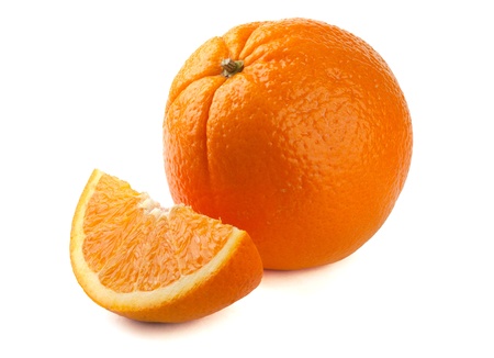	one orange, and a slice of orange on white backgroundの写真素材