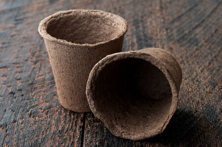 Two Peat Pots on is  wooden background
