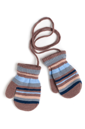 two knitted striped baby mittens isolated on white backgroundの写真素材