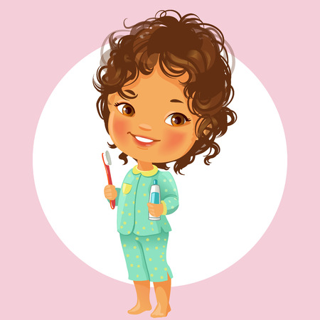 Vector portrait of cute little girl ready to brush teeth in the morning. Wear pajamas, hold toothbrush and toothpaste. Smiling schoolgirl with brown curly hair Isolated on white background.のイラスト素材