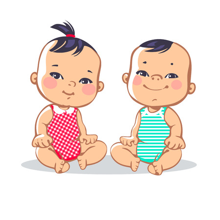 Smiling toddler boy and girl sitting. Portrait of happy smiling kids. Asian children. Colorful illustration on white backgroundのイラスト素材
