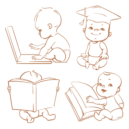 Set with genius babies in diapers. Cute boy reading book. Toddler in graduate cap. Baby with computer. Concept of  development of abilities of child and investment in the future of babyのイラスト素材
