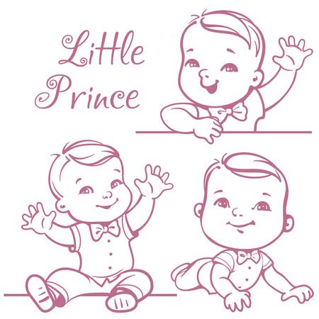 Set with cute little baby boy wearing bow tie, white shirt. Portrait of happy smiling baby one year old. Little prince sitting, lying on white background. Monochrome sketchy vector illustration.のイラスト素材